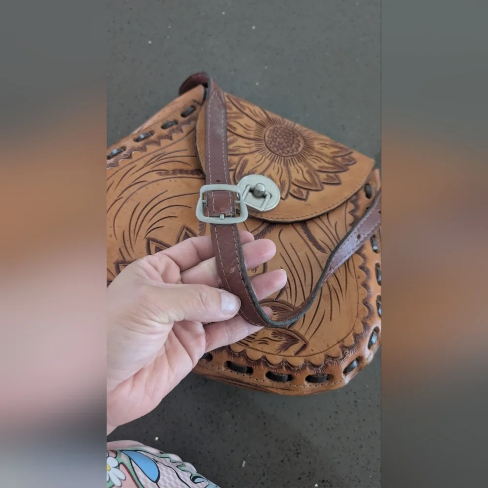 Sunflower Embossed Tan Leather Crossbody Bag Unique Personalized Leather Bag